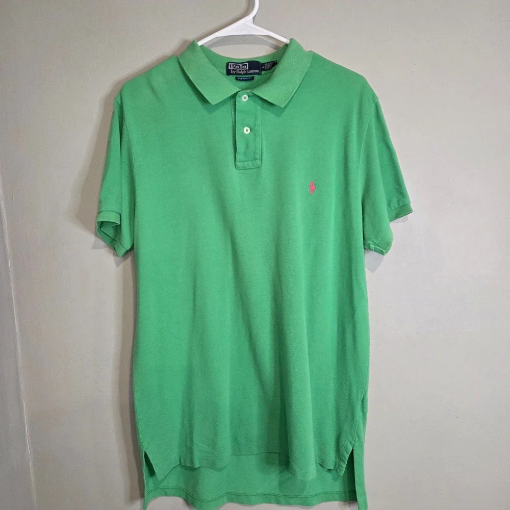Polo Ralph Lauren Large Green Custom Fit Pique Short Sleeve Polo Shirt Pink Pony